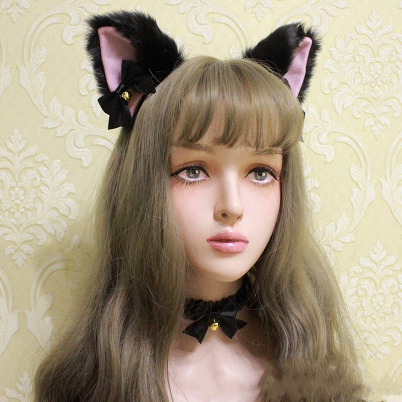 Fxaelian Animal Faux Fur Fox Cat Dog Ears Headband Halloween Cosplay Costume Party Headbands for Women Men Adult with Bell Black - Image 4